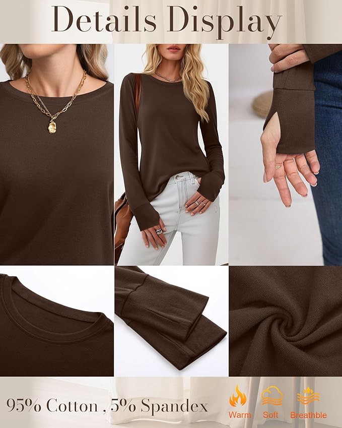 Huukeay 3 Pack Women's Long Sleeve Shirts with Thumb Holes, Cotton Casual Crew Neck Tunic Tops Fall Loose Y2k Trendy Outfits
