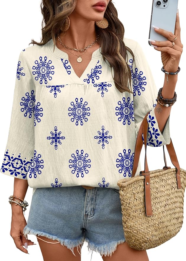 Rapbin Womens 3/4 Sleeve V Neck Floral Print Pleated Blouses for Women Dressy Casual Loose Fit Tops