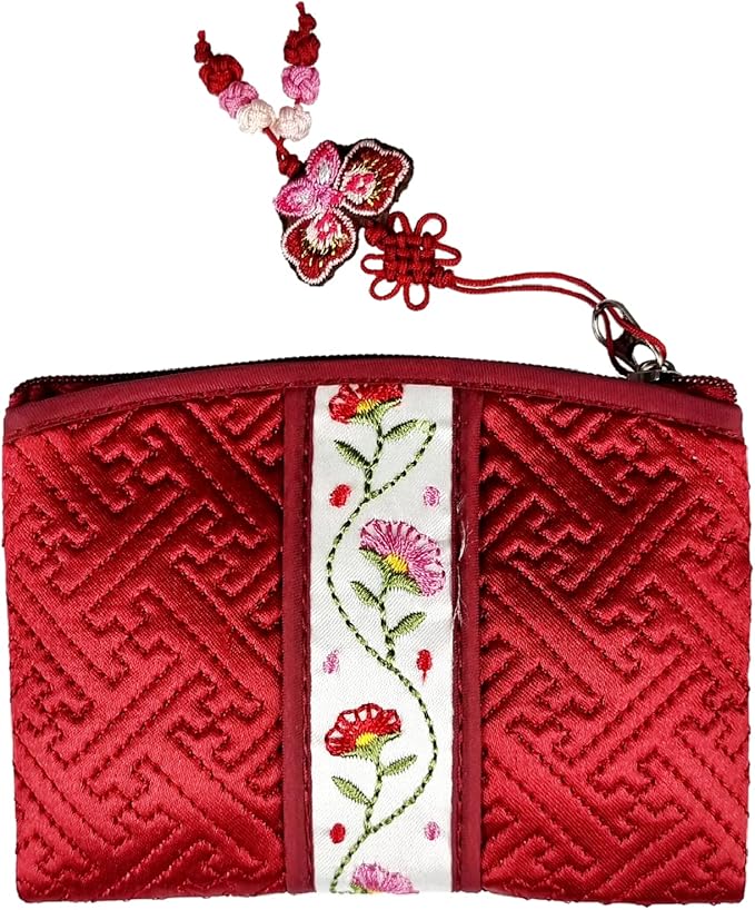 Seoulful Vintage Korean Embroidered Card Pouch - Wildflower Design Coin Purse with Butterfly Charm - Traditional Korean New Year's Gifts (Wine)