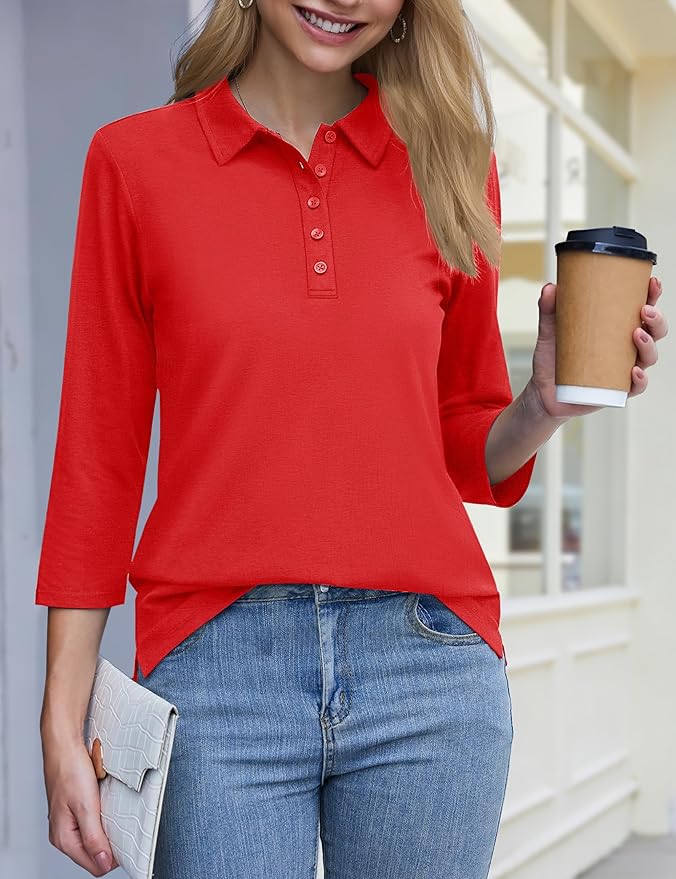 YUCOLEN Polo Shirts for Women 3/4 Sleeve Tops Golf Tees 5-Button Collared Cotton Shirt Business Casual