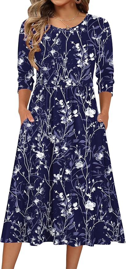 Zeagoo 3/4 Sleeve Women's Dress Casual Flowy A-Line Midi Tshirt Dresses with Pockets Crewneck Vocation Boho Beach Sundress