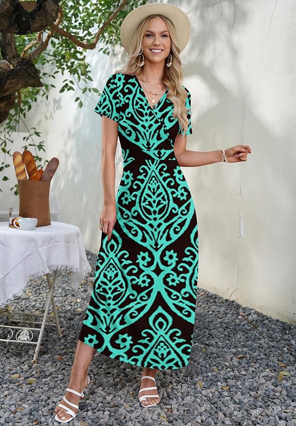 AUSELILY Maxi Dresses for Women Ankle Length Floral Print Beach Long Flowy Dress with Pockets