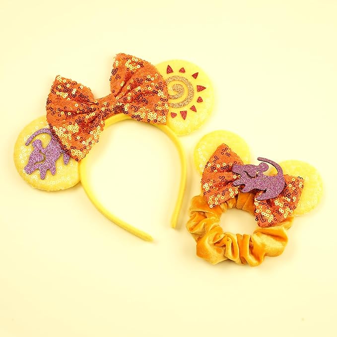 zhezesmila Lion Animal Kingdom Mouse Ears Bow Headband with Scrunchies Rainbow Sparkle Mouse Headband Hair Accessories for Women