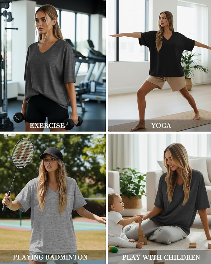 Huukeay Women's Cotton Oversized T Shirts 3 Pack V Neck Loose Fit Half Sleeve Tops Baggy Casual Summer Gym Workout Tees 2026