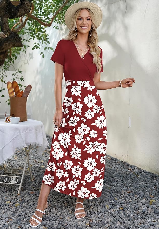 AUSELILY Maxi Dresses for Women Ankle Length Floral Print Beach Long Flowy Dress with Pockets