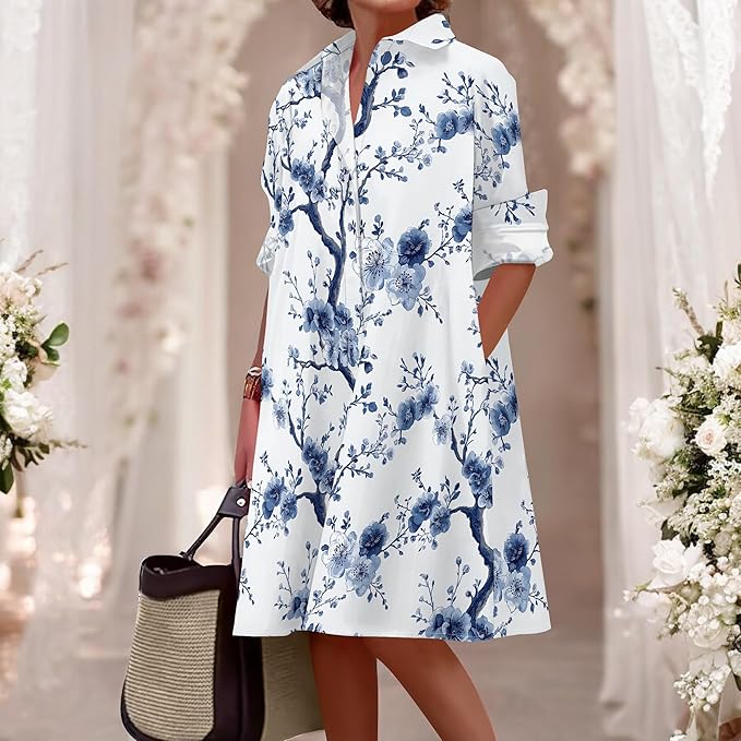Shirt Dresses for Women 2025 Summer Long Sleeve Casual Plus Size Floral Printed Beach Vacation Dress with Pockets