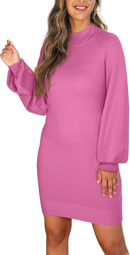 GRECERELLE 2026 Women's Mock Neck Ribbed Long Sleeve Bodycon Pullover Cute Mini Sweater Dress (XS-2XL)