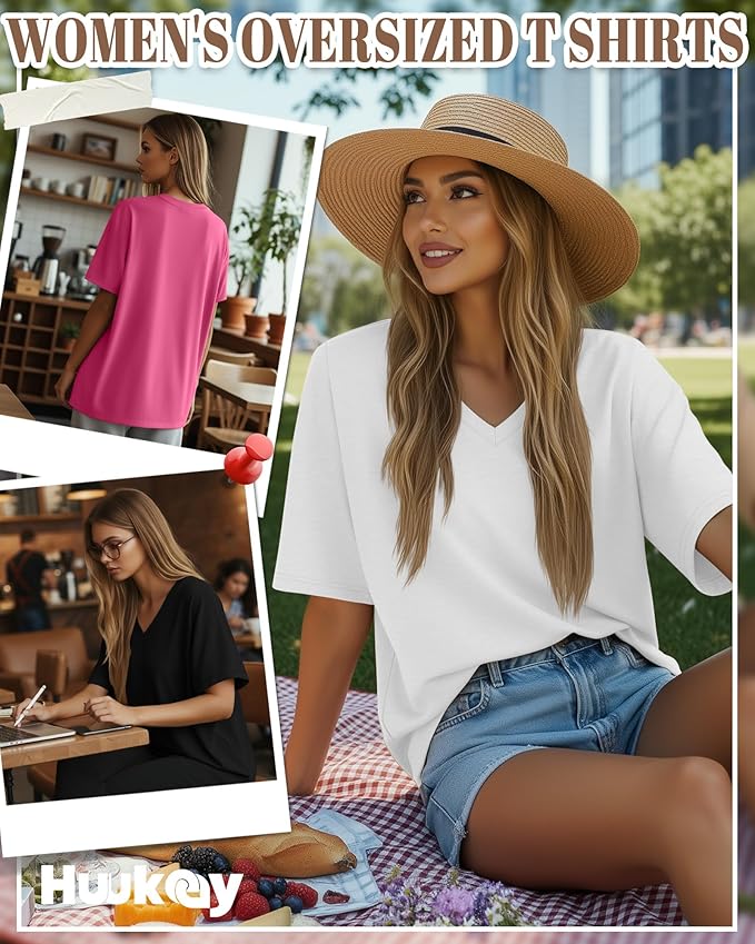 Huukeay Women's Cotton Oversized T Shirts 3 Pack V Neck Loose Fit Half Sleeve Tops Baggy Casual Summer Gym Workout Tees 2026