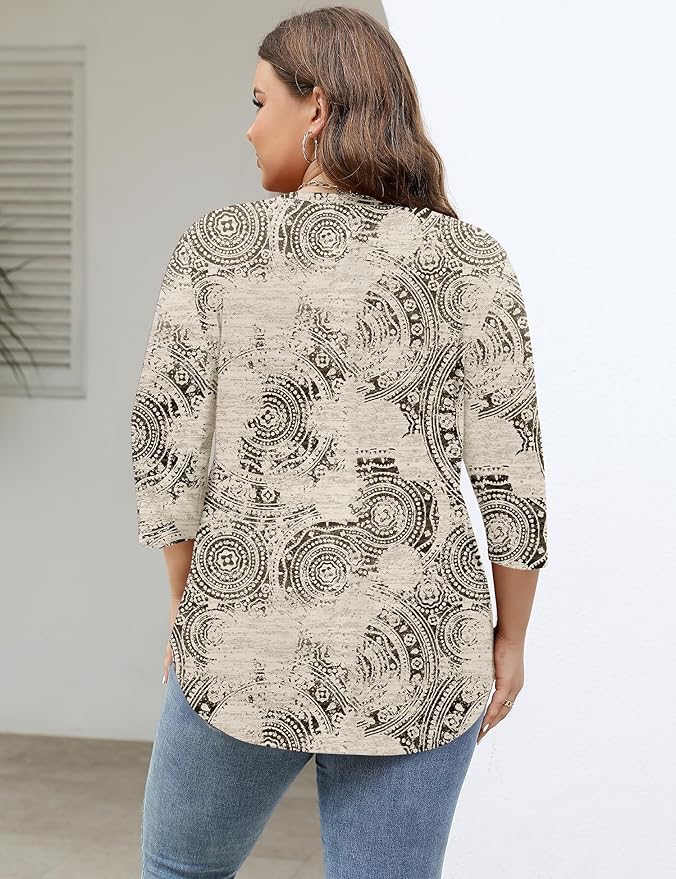 TFSDOD Womens Plus Size Tops V Neck T Shirts 3/4 Sleeve Blouse Summer Casual Tees XL-5X