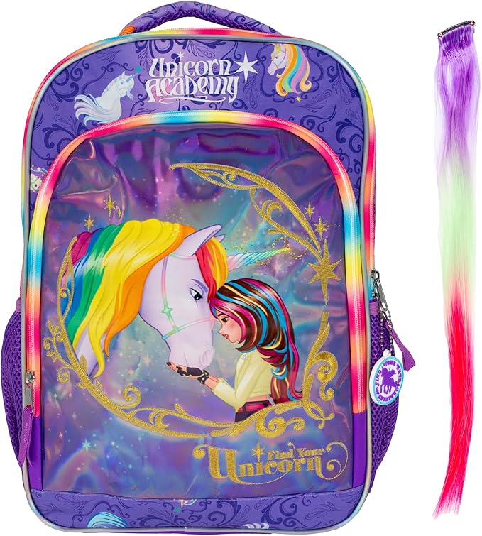 AI ACCESSORY INNOVATIONS Unicorn Academy 16” Backpack with Rainbow Hair Extension, School Bag for Girls Featuring Sophia & Wildstar, Purple