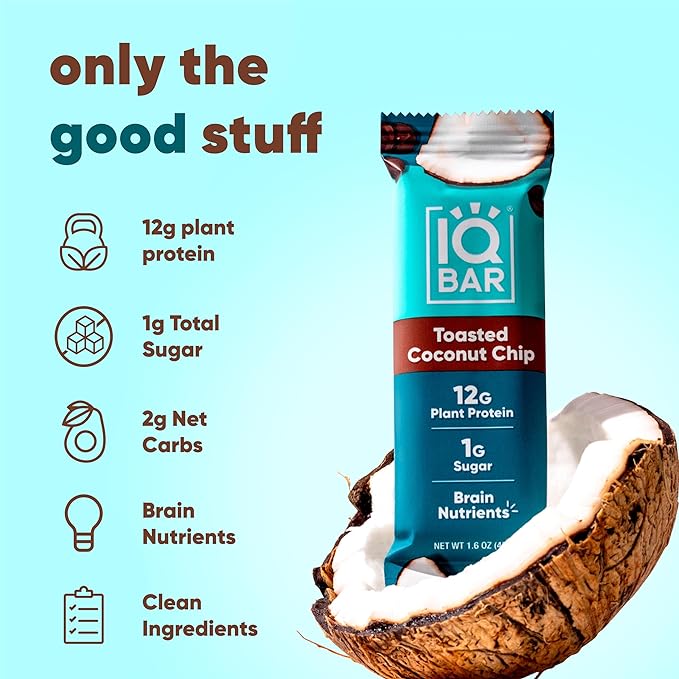 IQBAR Brain and Body Plant Protein Bars - Toasted Coconut Chip - 12-Count Low Carb - Gluten Free, High Fiber, Vegan Snacks - Low Sugar Meal Replacement