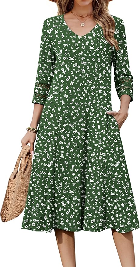 Zeagoo Women's Dresses 3/4 Sleeve Summer Casual V-Neck A Line Flowy Eyelet Midi Dress for Women Beach Vacation Sundress