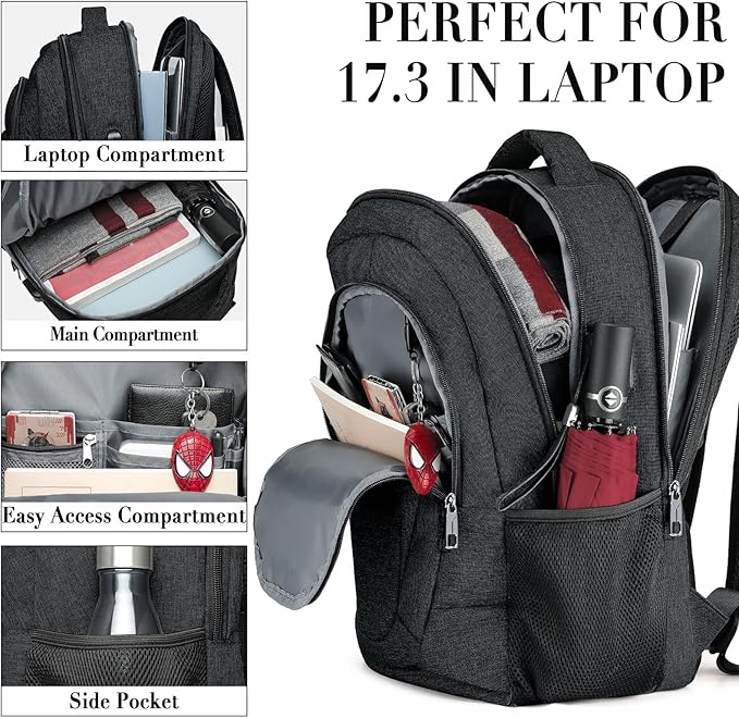 Travel Laptop Backpack, 17 Inch Extra Large School Backpacks for Teen Boys and Girls, Black Water Resistant Women Back Pack, Business Men Sturdy Computer Bag with USB Charging Port, Gifts