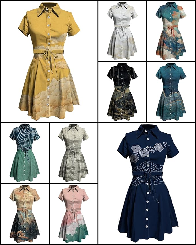 MARSVOVO Japanese Art Shirt Dresses for Women Short Sleeve Ruffle Button Down Tie Waist Trendy Elegant Midi Dress