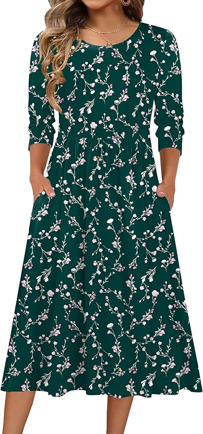 Zeagoo 3/4 Sleeve Women's Dress Casual Flowy A-Line Midi Tshirt Dresses with Pockets Crewneck Vocation Boho Beach Sundress