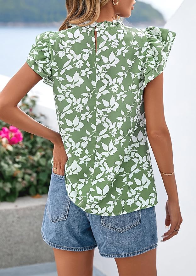 PRETTYGARDEN Women's Ruffle Short Sleeve Summer Tops 2026 Trendy Floral Trim Neck Casual Dressy Chiffon Boho Blouses Shirts