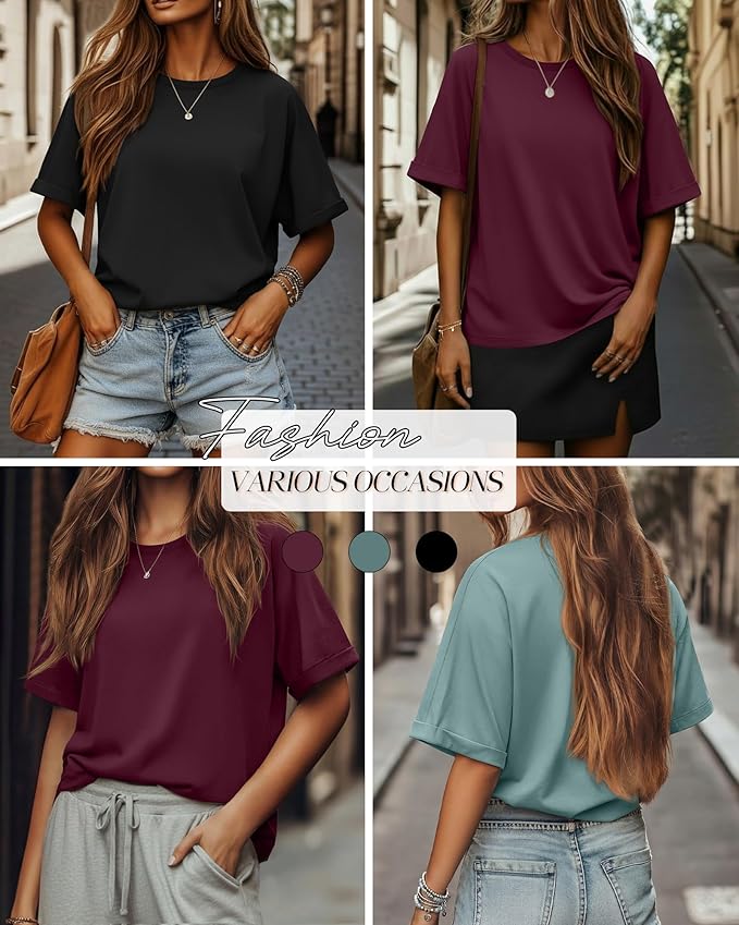 Riyiper 3 Pack Women's Oversized T-Shirt Half Sleeve Summer Tees Casual Loose Fit Crew Neck Basic Tops