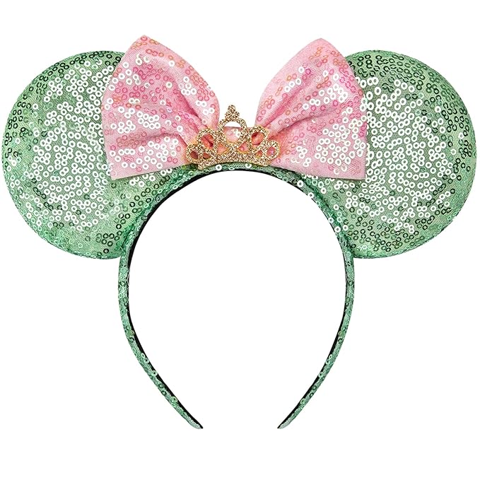 RAZKO Mouse Ears Headband, Sequin Green Mice Ears Hairband Animal Ears Headband for Women Girls Hair Accessories (Green Crown L)