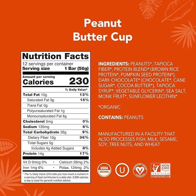 ALOHA Organic Plant Based Protein Bars - Peanut Butter Cup Bar - 12 Bars, Vegan, Low Sugar, Gluten-Free, Low Carb, Non-GMO, No Stevia, No Erythritol