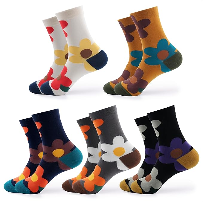 Kikiya Women's Cotton Crew Socks - Cute Flower Graphic Polka Dot Striped Heart Patterned - Ladies Girls Casual Socks Size 6-8