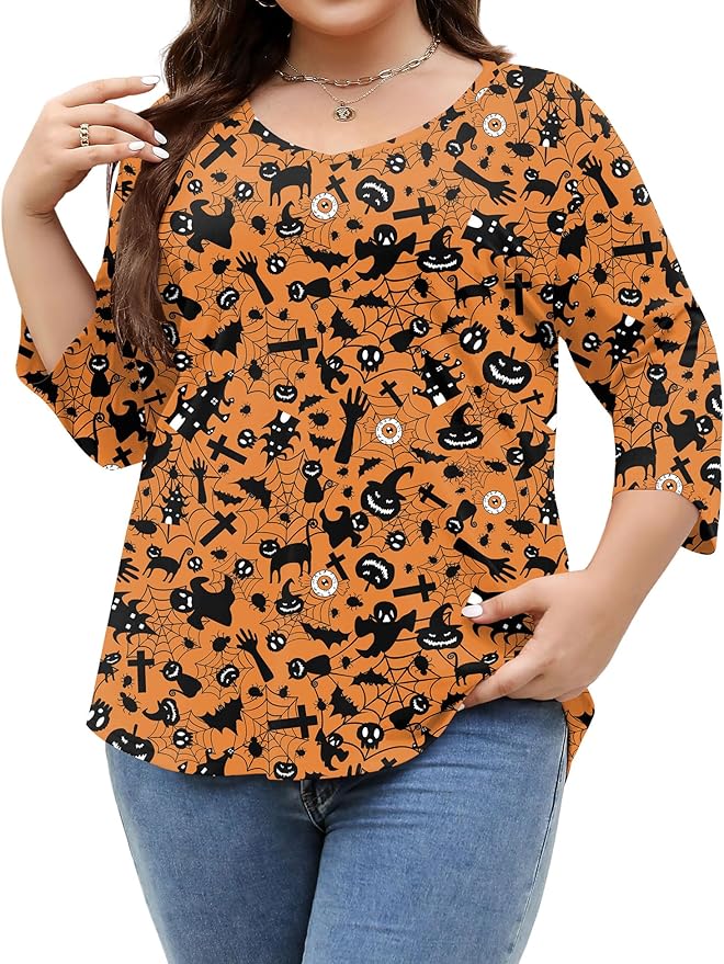 TFSDOD Womens Plus Size Tops V Neck T Shirts 3/4 Sleeve Blouse Summer Casual Tees XL-5X