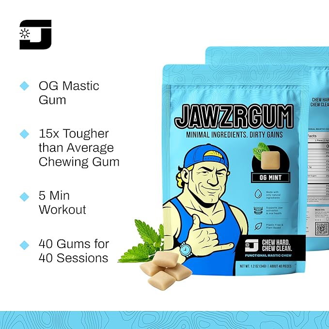 Jawzrsize OG Mastic Gum Organic - Mint Natural Mastic Chewing Gum, Sugar-Free Jawline exerciser, Strengthening Formula with NAHA, Plant-Based Oral Health Support & Organic Mastic Gum, 1.2 oz Jawline Gum