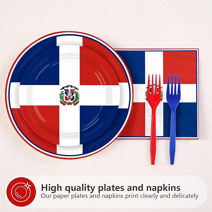 Greencian 96Pcs Dominican Republic Flag Party Decorations Dominican National Plates and Napkins Red White and Blue Flag Tableware Set for Patriotic Country Festival Party Supplies Serves 24