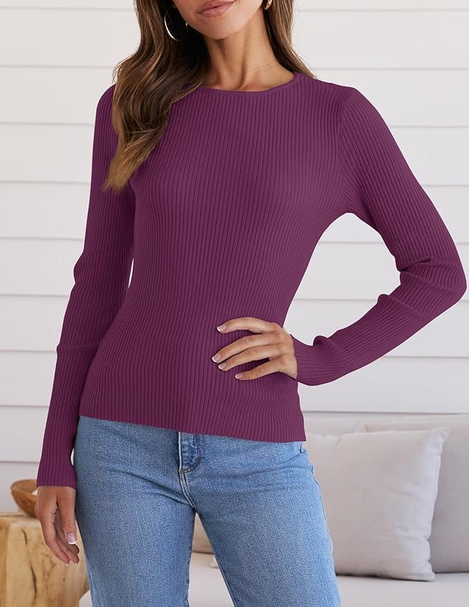 ZESICA Women's Long Sleeve Crewneck Shirts 2026 Fall Ribbed Knit Sweater Slim Fitted Casual Basic Tee Tops