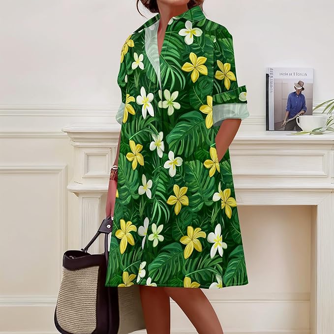 Shirt Dresses for Women 2025 Summer Long Sleeve Casual Plus Size Floral Printed Beach Vacation Dress with Pockets