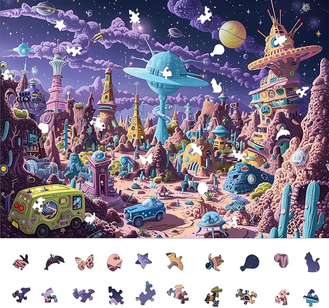 Naturelish Alien Planet Jigsaw Puzzles for Adults 1000 Pieces, Brain Challenging Shaped Puzzle for Game Night Family Friends, Size 26.6 x 19.2, Monsters Purple World