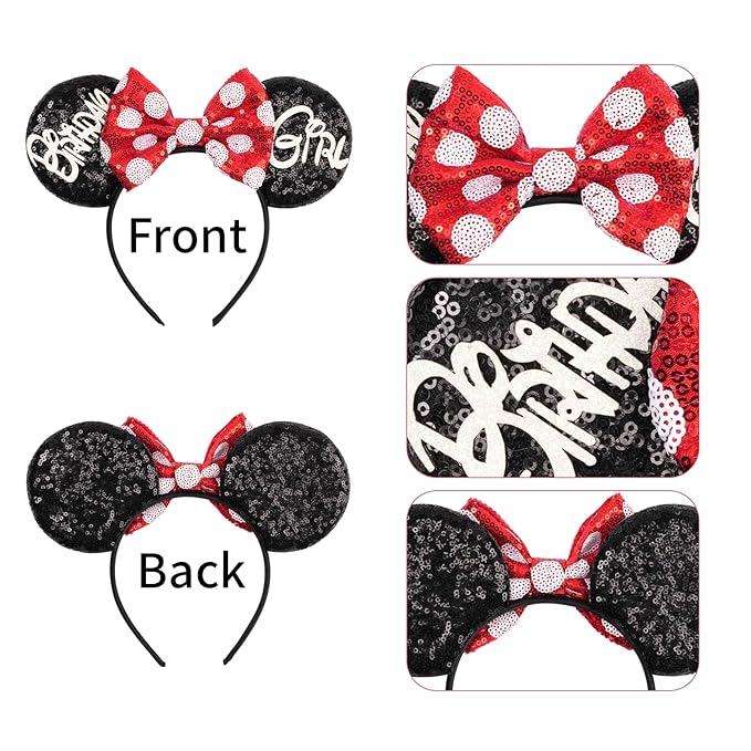 bianbaistar Biabaistar Birthday Mouse Ears Headband – Black Sequin with Red & White Polka Dot Bow, Perfect Cute Users' Birthday Parties, Celebrations, and Fun Events