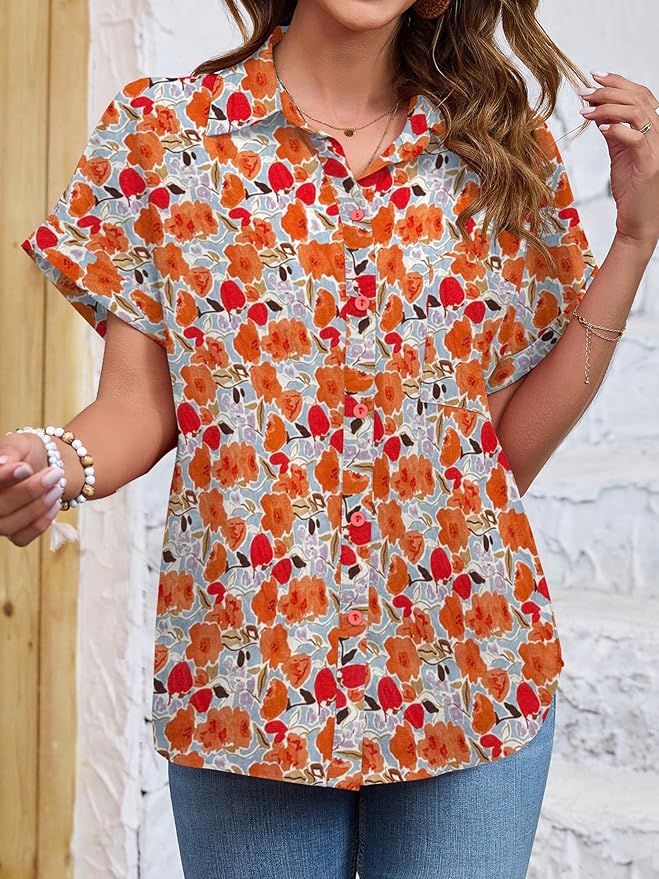 Womens Button Down Shirt Casual Short Sleeve Collared Work Blouse with Pocket