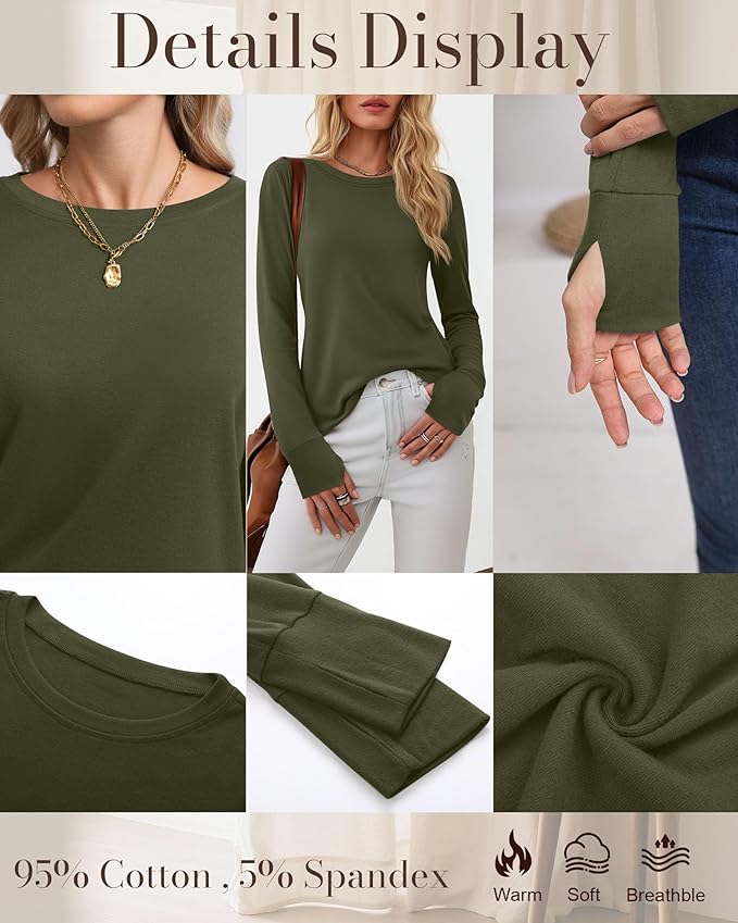 Huukeay 3 Pack Women's Long Sleeve Shirts with Thumb Holes, Cotton Casual Crew Neck Tunic Tops Fall Loose Y2k Trendy Outfits