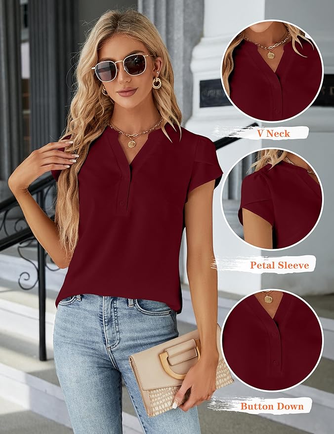 Blooming Jelly Women's Dressy Casual Tops Business Work Blouses White Button Down Shirts Cap Sleeve V Neck Tshirt