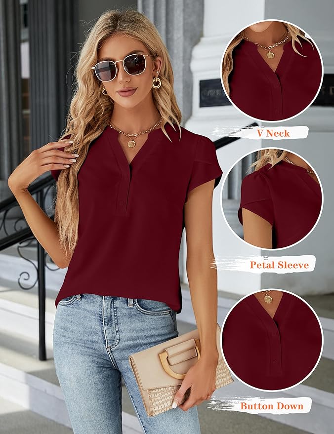 Blooming Jelly Women's Dressy Casual Tops Business Work Blouses White Button Down Shirts Cap Sleeve V Neck Tshirt
