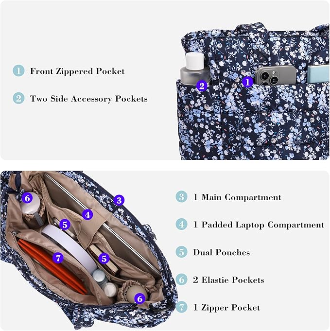 AOCINA Puffer Tote Bag for Women Quilted Work Bag Nurse Bags Women's Shoulder Handbags for Travel Gym Gifts Laptop Purse