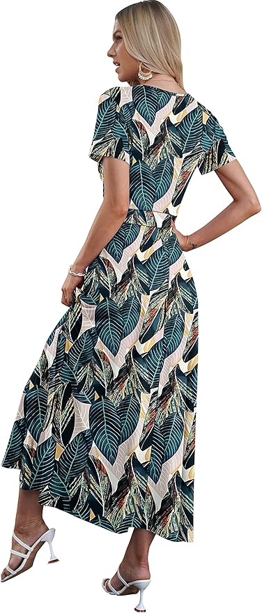 AUSELILY Maxi Dresses for Women Ankle Length Floral Print Beach Long Flowy Dress with Pockets