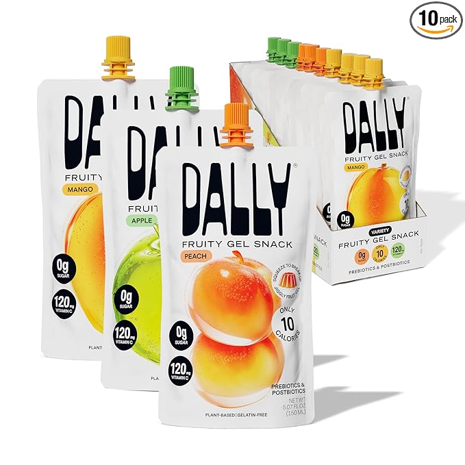 Dally Drinkable Konjac Jelly Variety Pack (10 Pouches) – 10-Calorie, Zero Sugar Korean Fruit Snack – Mango, Peach & Apple Flavors – Prebiotics & Postbiotics for Skin, Immune & Weight Management
