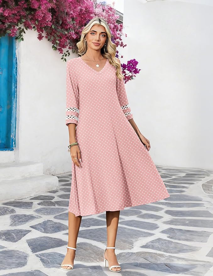 Zeagoo Women's Dresses 3/4 Sleeve Summer Casual V-Neck A Line Flowy Eyelet Midi Dress for Women Beach Vacation Sundress