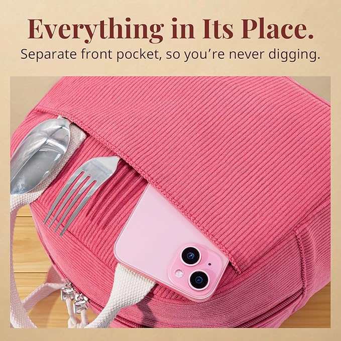 Insulated Lunch Bag for Women Men, Stylish Corduroy Tote Bag with Aluminum Lining, Large Capacity Reusable Cooler for Work, Travel, or Beach, Raspberry Pink Lunch Box