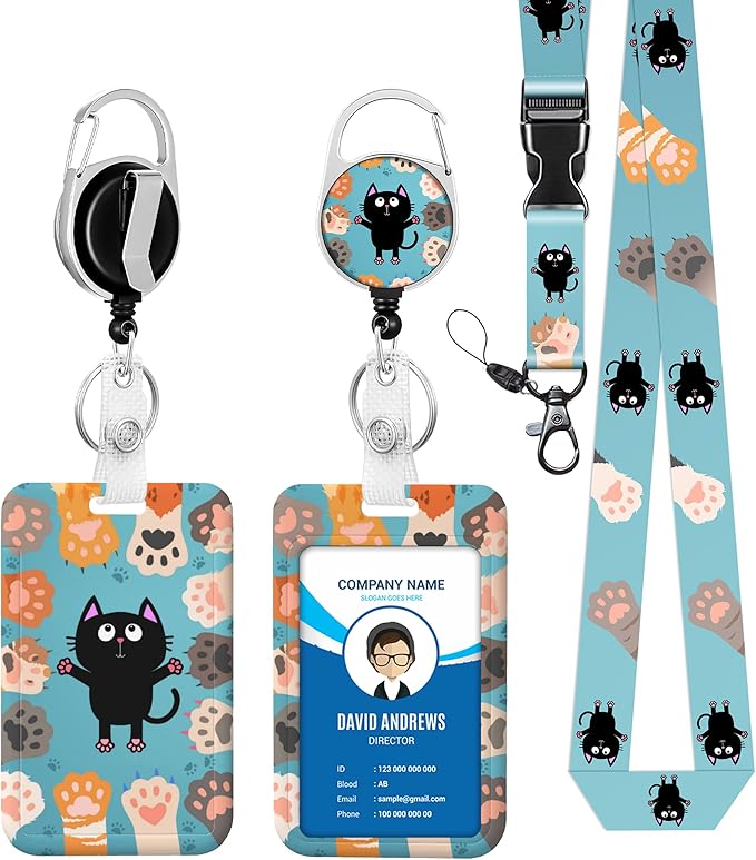 Cute cat Lanyards for ID Badges, Paws Badge Reel Retractable Badge HolderPaws Badge Reel Retractable Badge Holder with Lanyard for Teacher, Women, Kids