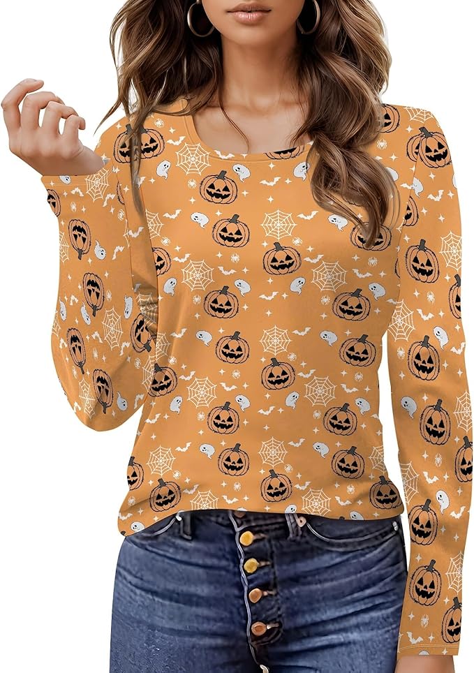 domirica Halloween Sweatshirts For Women Cute Pullover Fall Long Sleeve Pullover U-Neck Halloween Crazy Party Club Clothes