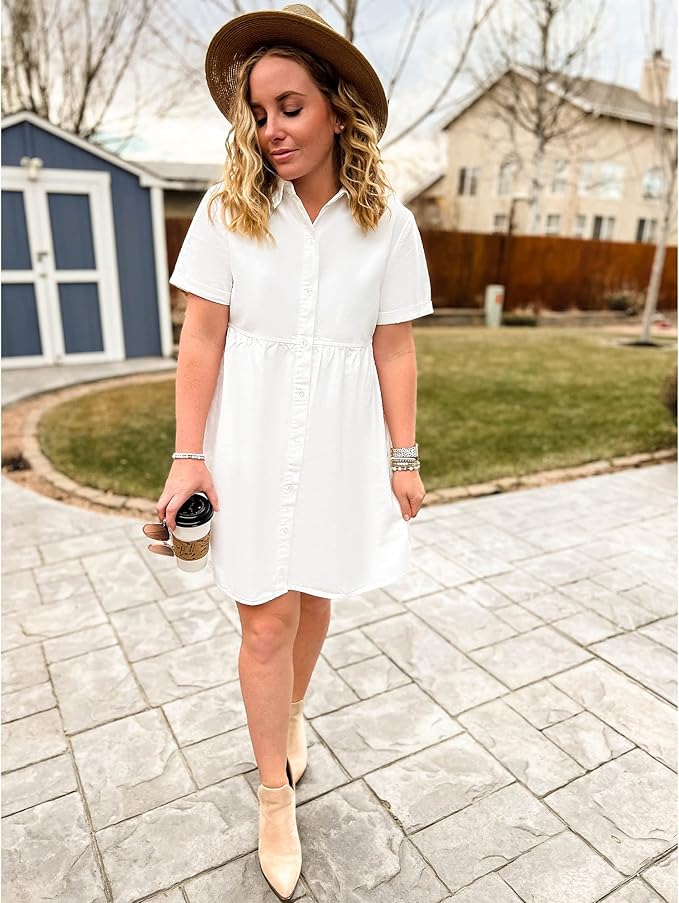 LookbookStore Women's Short Sleeve Button Down Flowy Tiered Babydoll Denim Dress