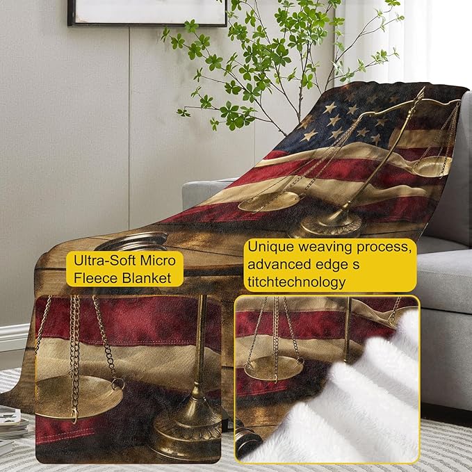 Law Day Flannel Throw Blanket, Soft Warm Cozy Plush American Flag Gavel and Scales Throw for Bed, Sofa, Office, Home Decor, Lawyer Gifts for Women, Men, 80"x60"