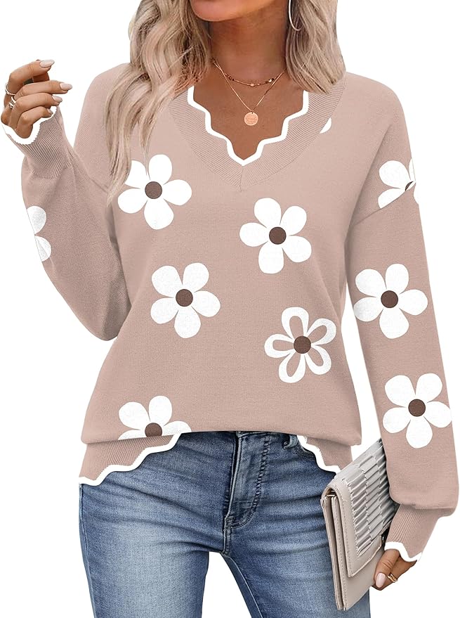 Zeagoo Women's 2026 Fall V Neck Sweater Casual Long Sleeve Lightweight Ribbed Knit Pullover Sweaters Dressy Casual Tops
