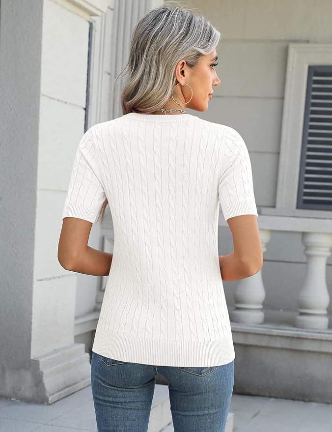 Micoson Womens Short Sleeve Cable Knit Sweater Tops Crewneck Lightweight Spring Summer Shirts Business Dressy Casual Outfits