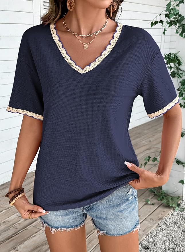 Dokotoo Womens Summer Tops Casual Short Sleeve Lace T-Shirts Solid V Neck Waffle Knit Shirts Blouses
