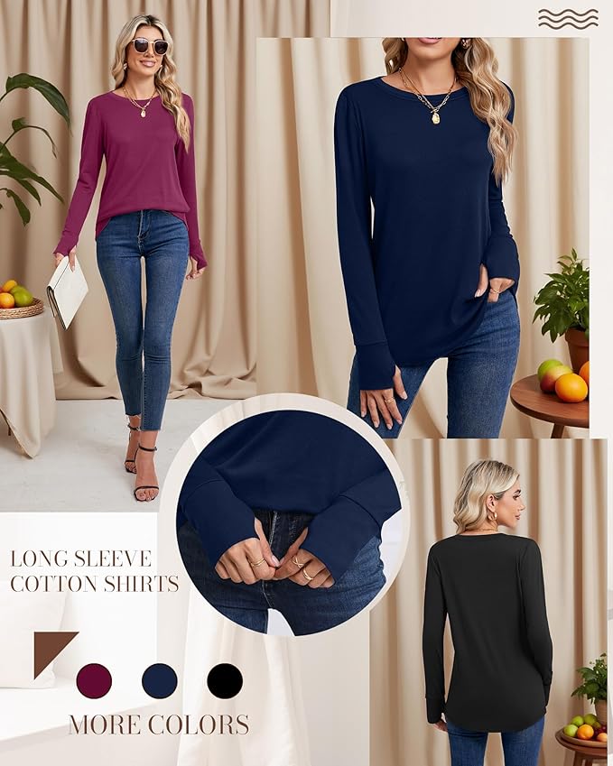 Huukeay 3 Pack Women's Long Sleeve Shirts with Thumb Holes, Cotton Casual Crew Neck Tunic Tops Fall Loose Y2k Trendy Outfits