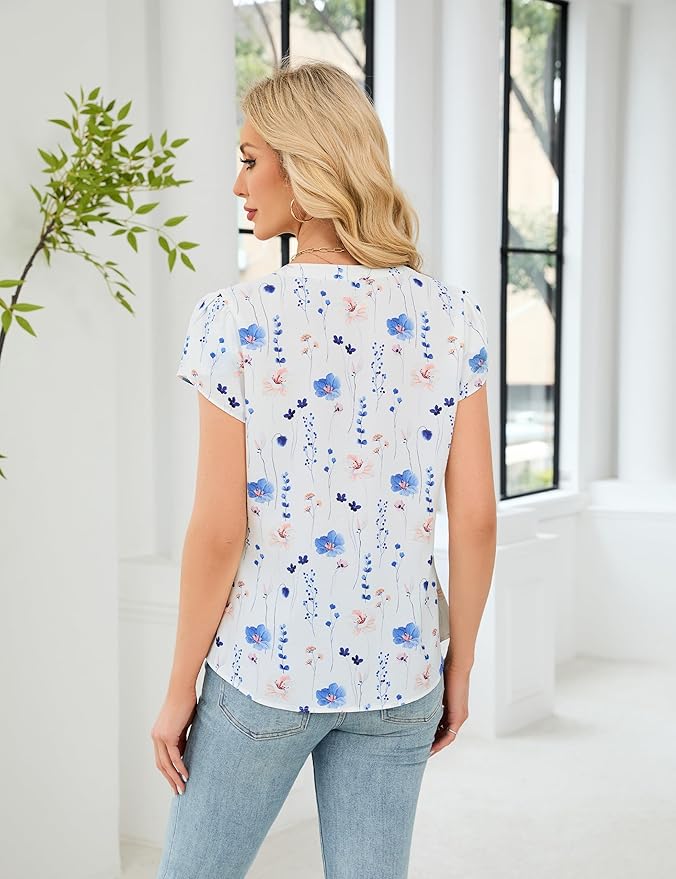 Blooming Jelly Women's Dressy Casual Tops Business Work Blouses White Button Down Shirts Cap Sleeve V Neck Tshirt