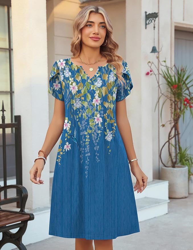 Zeagoo Women's Casual Dresses with Pockets Summer Floral V-Neck A-Line Tshirt Dress Short Sleeve Mini Dress Beach Sundress
